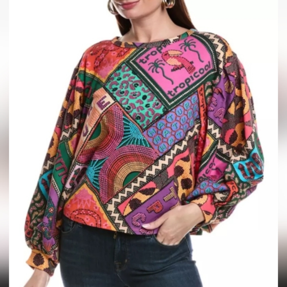 FARM Rio Dotted patch scarf tropical vibrant fun cotton sweatshirt women’s Large
